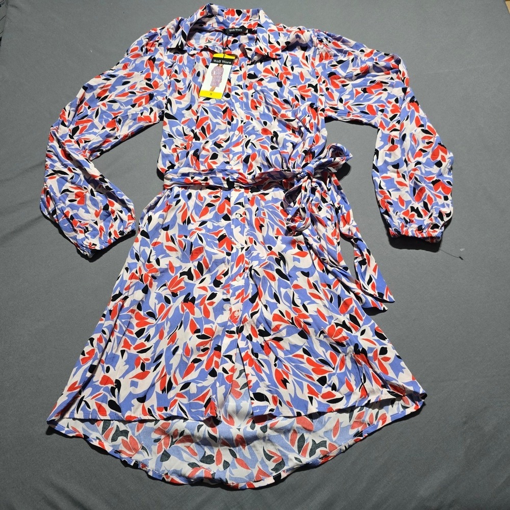 Well Worn Shirt Dress Womens Small Red Blue Abstract Floral Long Sleeve Pockets